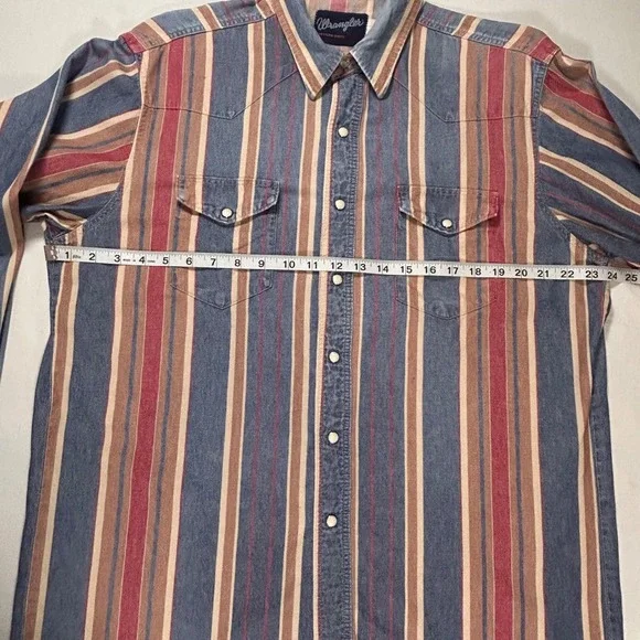 Wrangler Mens Western Brushpopper Shirt Striped Long Sleeve Pearl Snap VTG - Picture 3 of 9